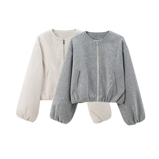 Damen nan kurze Wollmix-Bomberjacke mit Rundhalsausschnitt, verdecktem Reißverschluss, elastischem Saum und überschnittenen Ärmeln Shop Nory