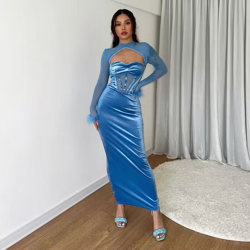 Damen figurbetontes Samt-Maxikleid mit Corsagen-Bustier und transparentem Mesh-Oberteil Shop Nory