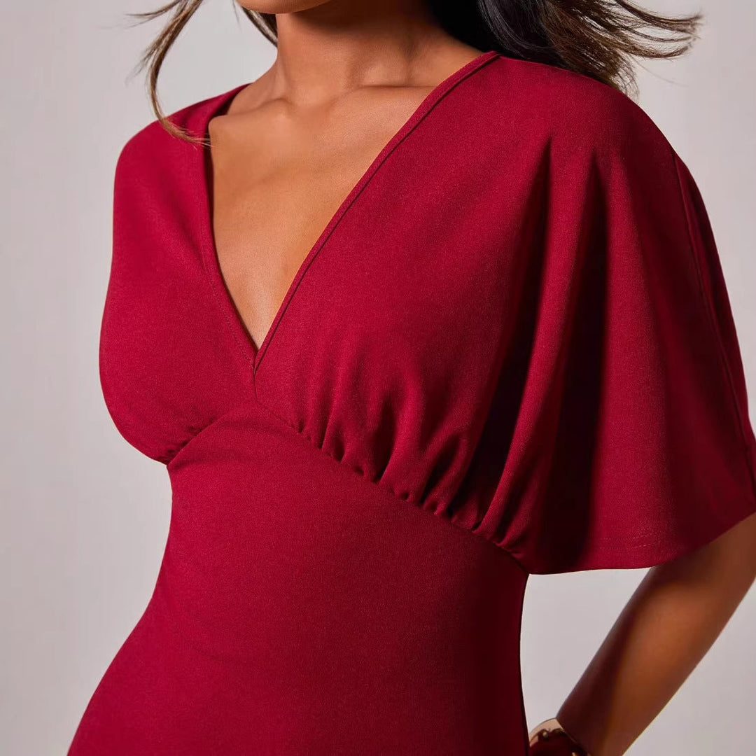 Damen figurbetontes Cocktailkleid mit tiefem V-Ausschnitt und Hüftakzent