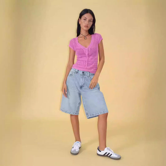 Damen lässige Denim-Shorts mit weitem Schnitt und hohen Seitentaschen