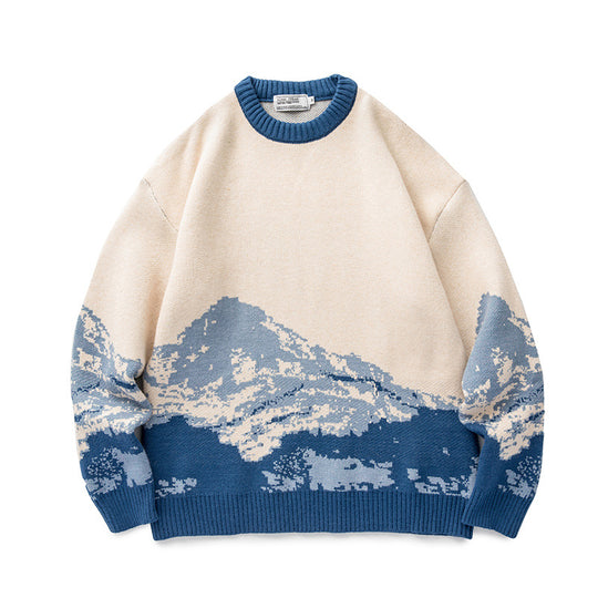 Unisex Oversize-Strickpullover mit Bergjacquard und geripptem Rundhalsausschnitt Shop Nory