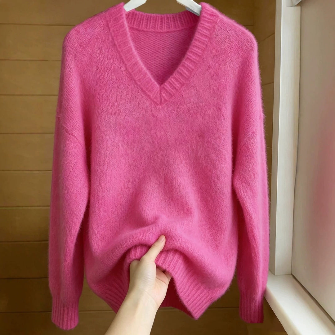 Damen Flauschiger Mohair-Mix Oversize-Pullover mit tiefem V-Kragen Shop Nory