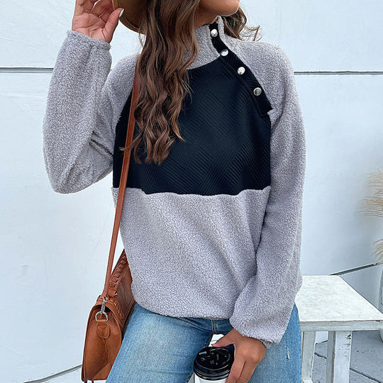 Damen Kuscheliger Teddy‑Fleece‑Pullover mit gesteppter Brustpatte, Stehkragen und Druckknopfleiste Shop Nory