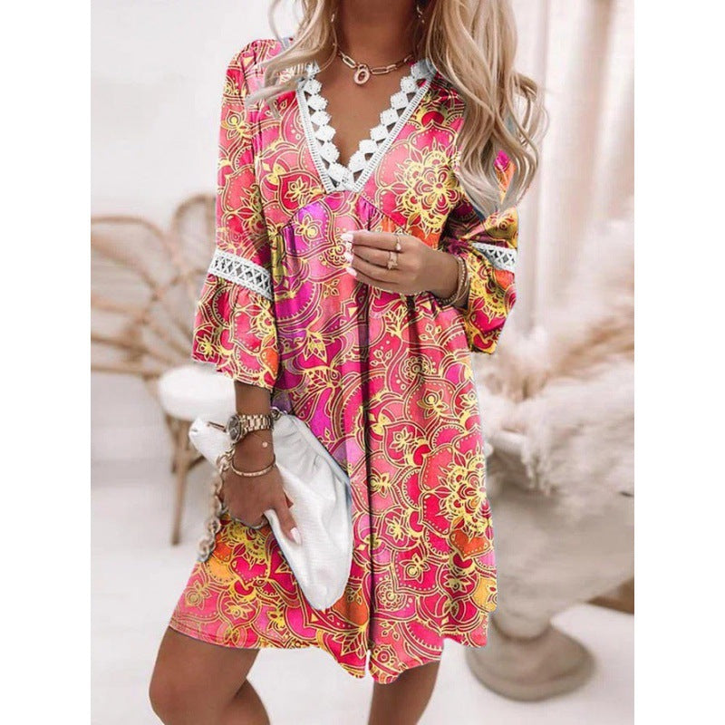Damen Blumiges Tunika-Kleid mit Spitzenakzenten