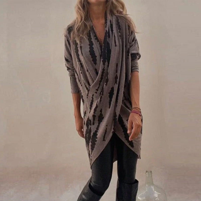 Damen drapierter Strickcardigan mit Wickeloptik, weichem Fall und abstraktem Muster Shop Nory