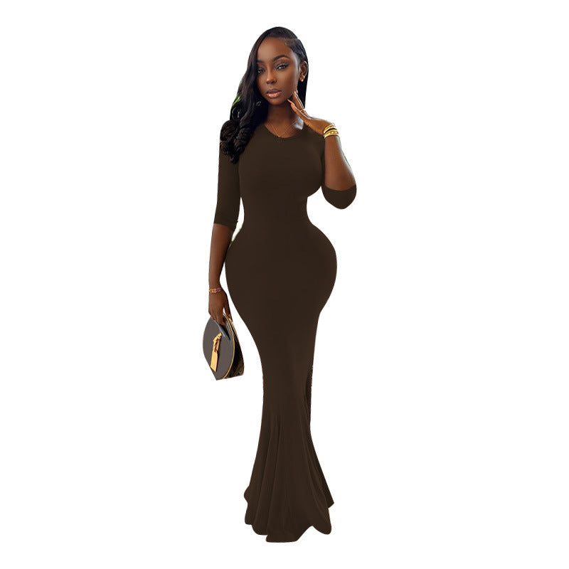 Damen figurbetontes Maxikleid mit Trompetensaum und Dreiviertelärmeln Shop Nory