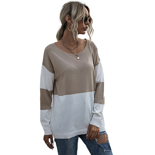 Damen Lässiger Strickpullover mit V-Ausschnitt und Farbblock Shop Nory