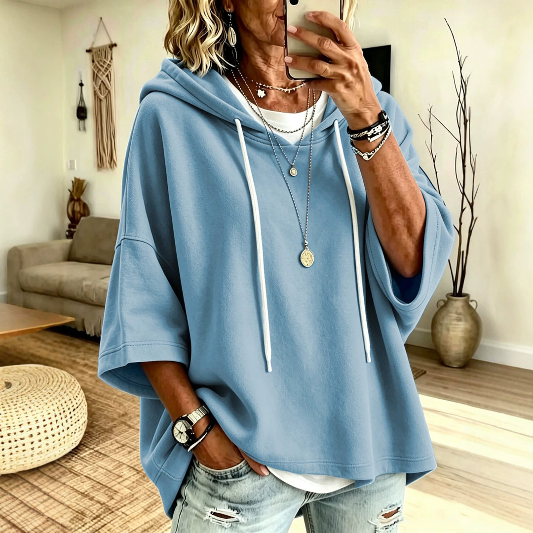 Damen Kurzarm-Oversize-Hoodie mit Kapuze und Kontrastkordel Shop Nory