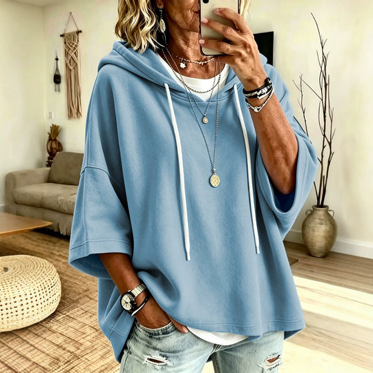 Damen Kurzarm-Oversize-Hoodie mit Kapuze und Kontrastkordel Shop Nory