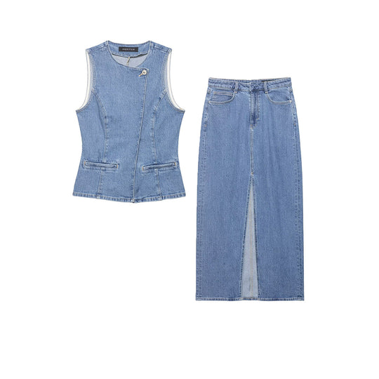 Damen Taillierte Jeansweste mit asymmetrischer Knopfleiste und Wiener Nähten Shop Nory