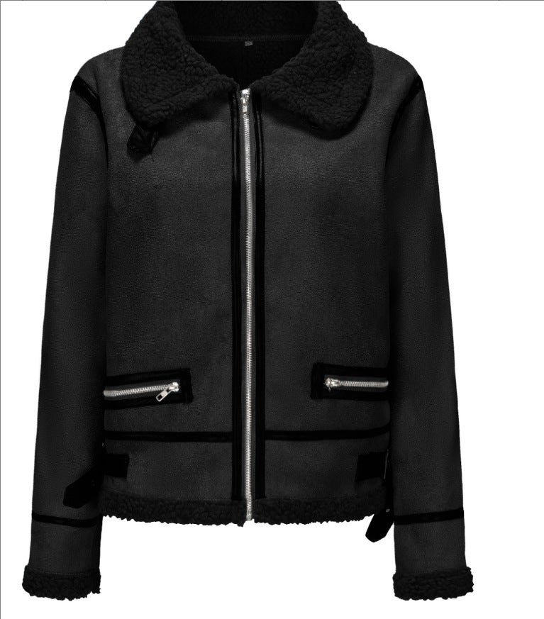 Damen Kurz geschnittene Aviator Lammfell‑Imitatjacke mit Teddyfutter und Kunstlederbesatz Shop Nory