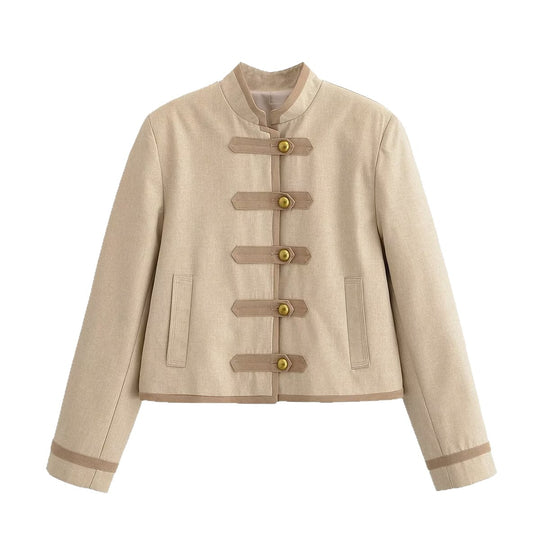 Damen Kurze Militärinspirierte Jacke mit Stehkragen und Zierknebelverschluss Shop Nory
