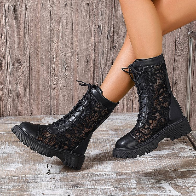Damen Schnürstiefel mit Spitzeneinsätzen, robuster Profilsohle und Lederoptik Shop Nory