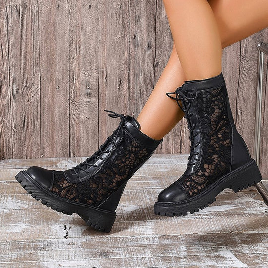 Damen Schnürstiefel mit Spitzeneinsätzen, robuster Profilsohle und Lederoptik Shop Nory
