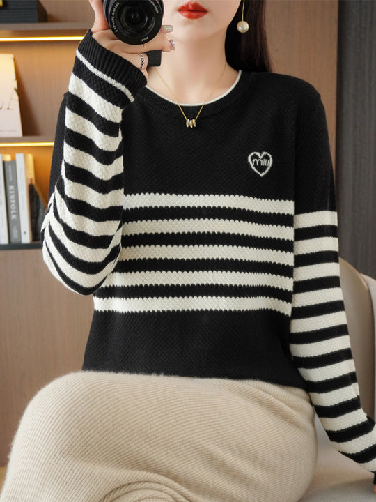 Damen Oversize-Strickpullover mit Wabenstruktur, kontrastierenden Streifen und dezentem Herzlogo Shop Nory
