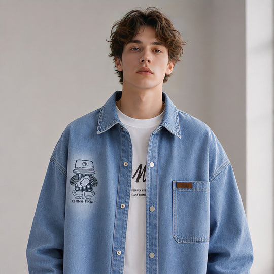 Herren Oversized Denim-Hemdjacke im Relaxed-Worker-Style mit Brusttasche und Druckknöpfen Shop Nory