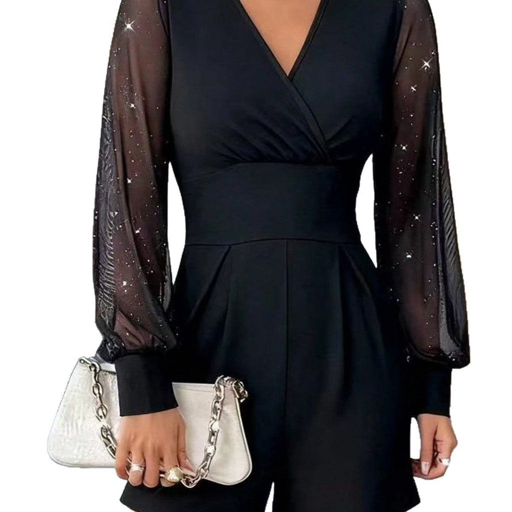 Damen eleganter Jumpsuit mit transparenten Puffärmeln und V-Ausschnitt