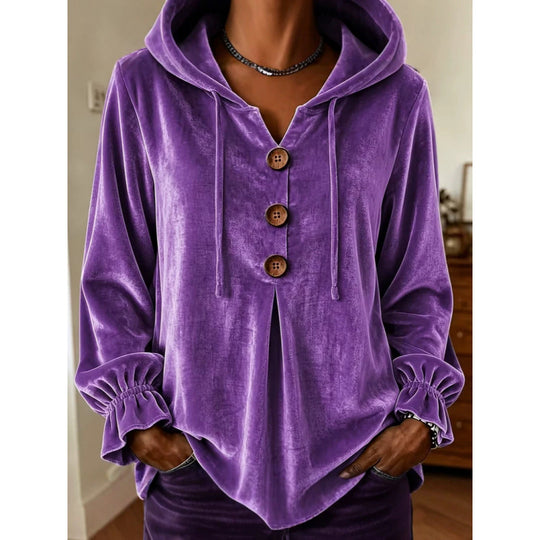 Damen Samt-Hoodie mit Holzknopfblende, Tunnelzug und gerafften Ärmeln Shop Nory
