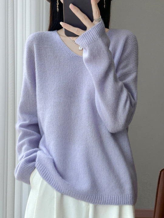 Damen Oversize-Feinstrickpullover mit feinem V-Ausschnitt und verlängertem Ärmelabschlusst Shop Nory