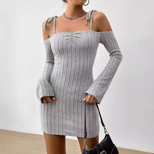Damen geripptes One-Shoulder-Strickminikleid mit Bindeträgern taillierter Bodycon-Passform Shop Nory