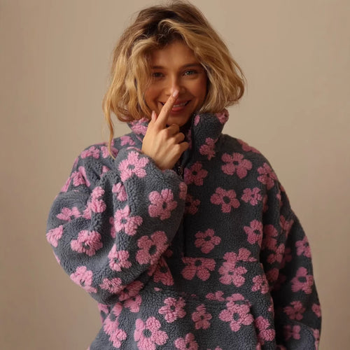 Damen Teddy-Fleece-Overheadjacke mit Stehkragen, Blumenrelief und Halbreißverschluss Shop Nory