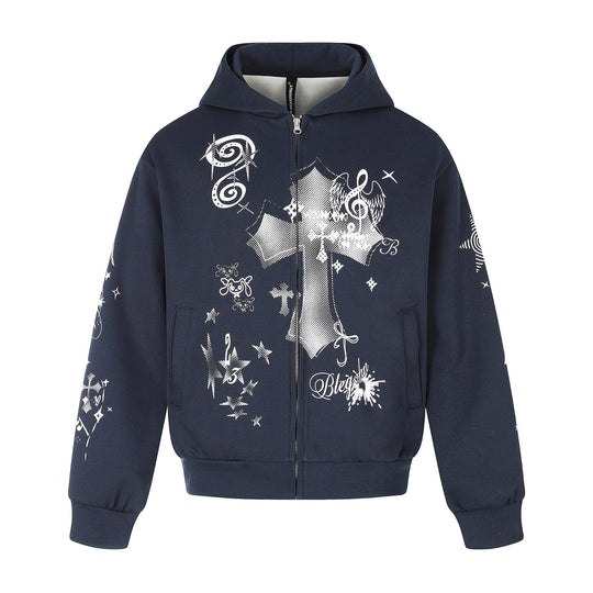 Unisex Bedruckte Kapuzen‑Zipjacke im lässigen Boxy‑Cut mit durchgehendem Reißverschluss Shop Nory