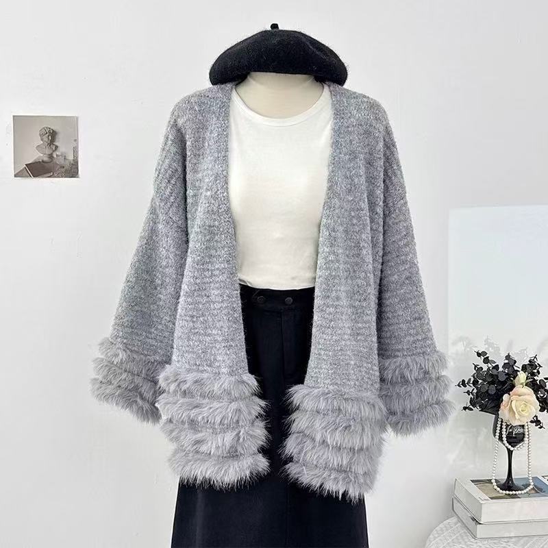 Damen Flauschiger Cardigan mit Kunstfellkragen Shop Nory