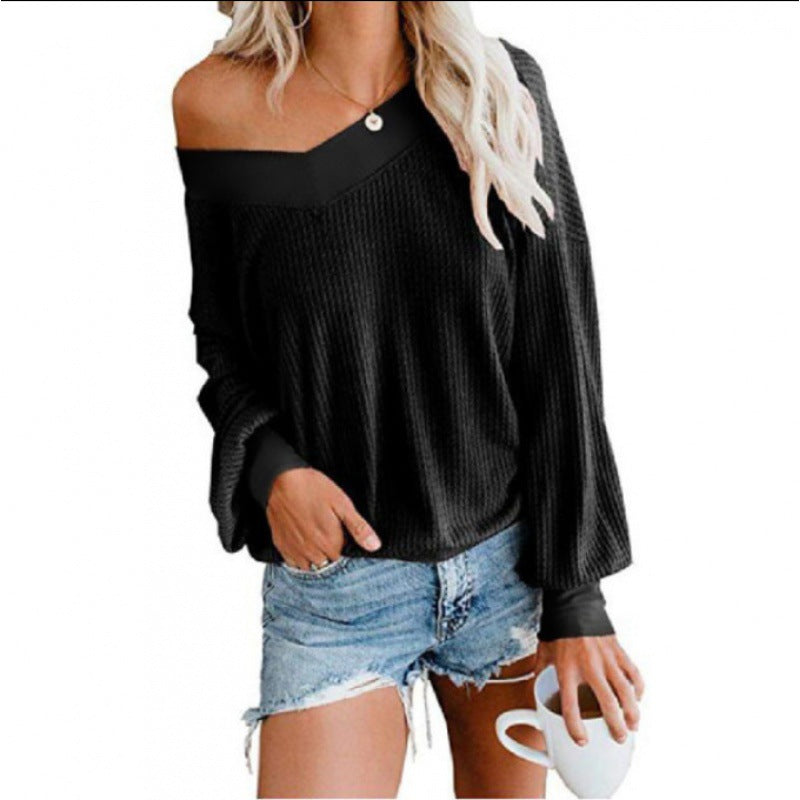 Damen Lockerer Waffelstrick-Pullover mit weitem Off-Shoulder-Ausschnitt und Oversize-Schnitt Shop Nory