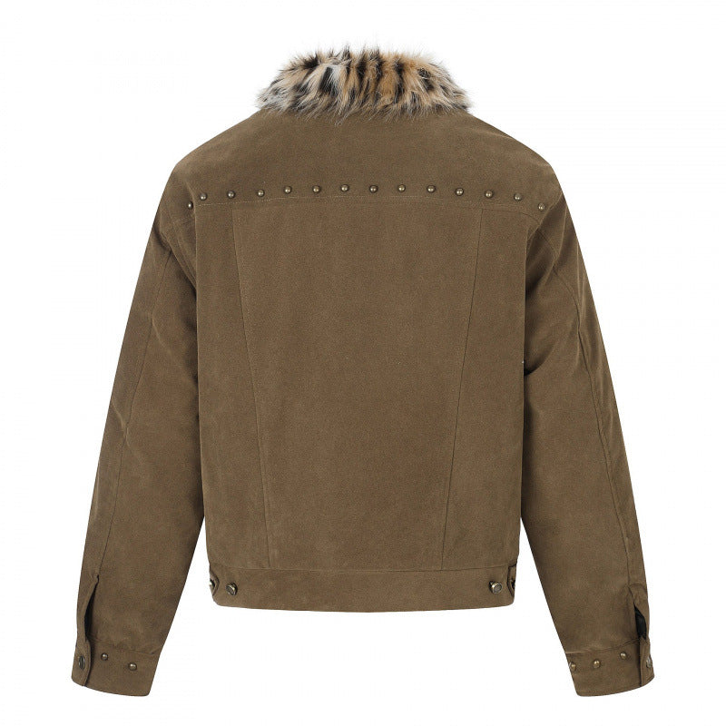 Herren Kurzjacke aus Velourslederimitat mit Kunstfellkragen und Nieten-Details Shop Nory