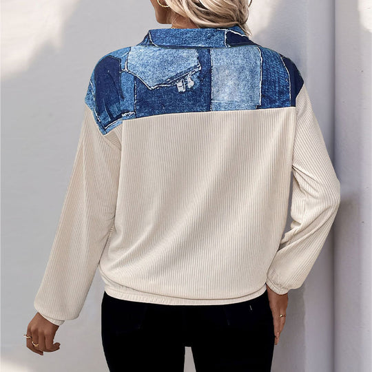 Damen Relaxed-Fit Cordstruktur-Halbzip-Pullover mit Jeans‑Optik‑Einsätzen Shop Nory