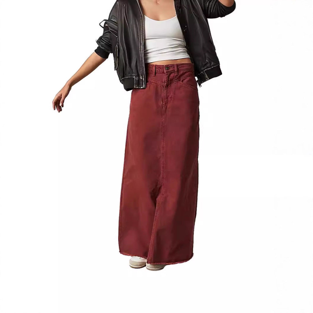Damen Langer Denim-Rock mit hoher Taille und Taschen