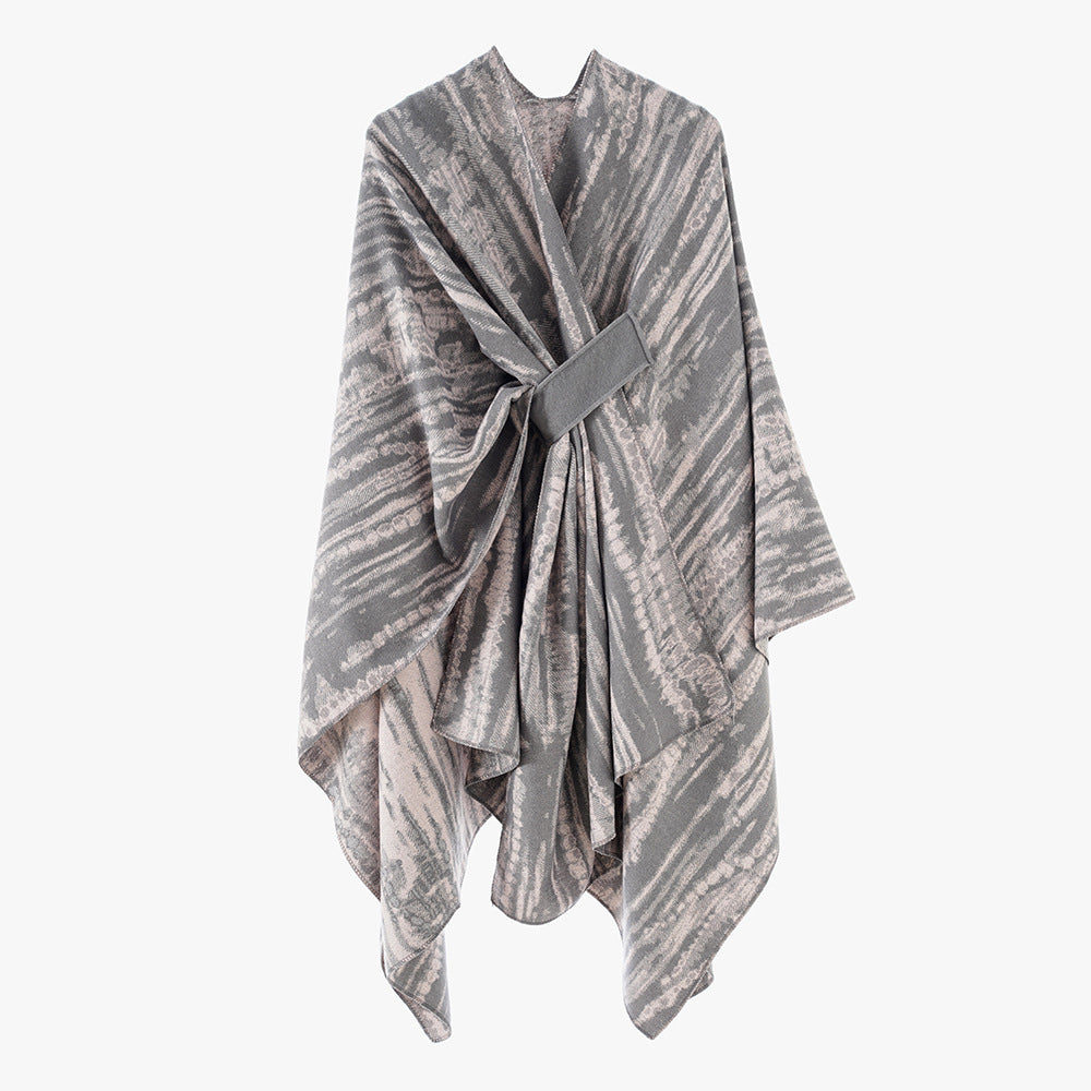 Damen Jacquard-Capeponcho mit dekorativem Bindegürtel und asymmetrischem Saum Shop Nory