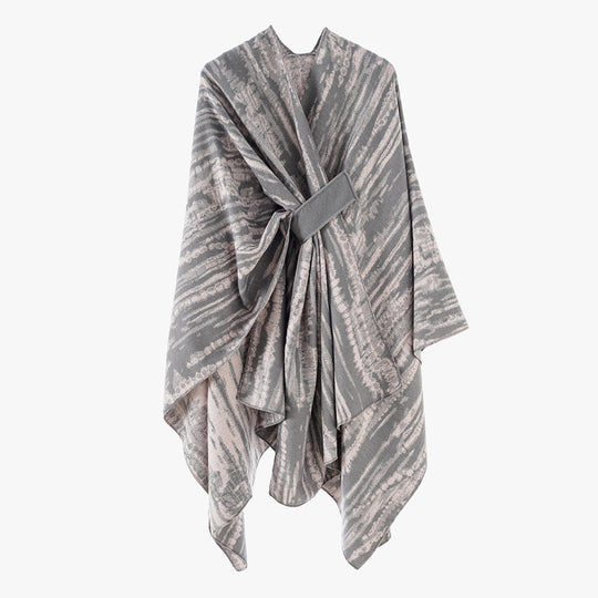 Damen Jacquard-Capeponcho mit dekorativem Bindegürtel und asymmetrischem Saum Shop Nory