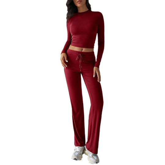 Damen nan tailliertes Longsleeve-Crop-Top und weite Lounge-Hose im Zweiteiler-Set aus Stretchjersey Shop Nory