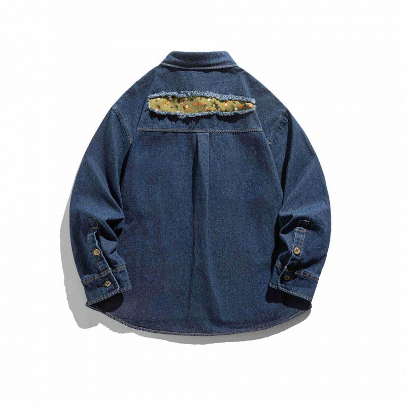 Unisex Kastenförmige Denim-Hemdjacke mit dekorativen Destroy-Applikationen und Oversized-Silhouette Shop Nory