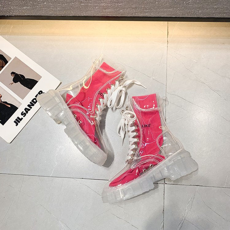 Damen trendige Stiefeletten im transparenten Design mit knalligem Detail