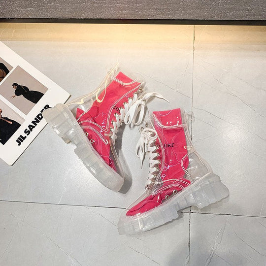 Damen trendige Stiefeletten im transparenten Design mit knalligem Detail