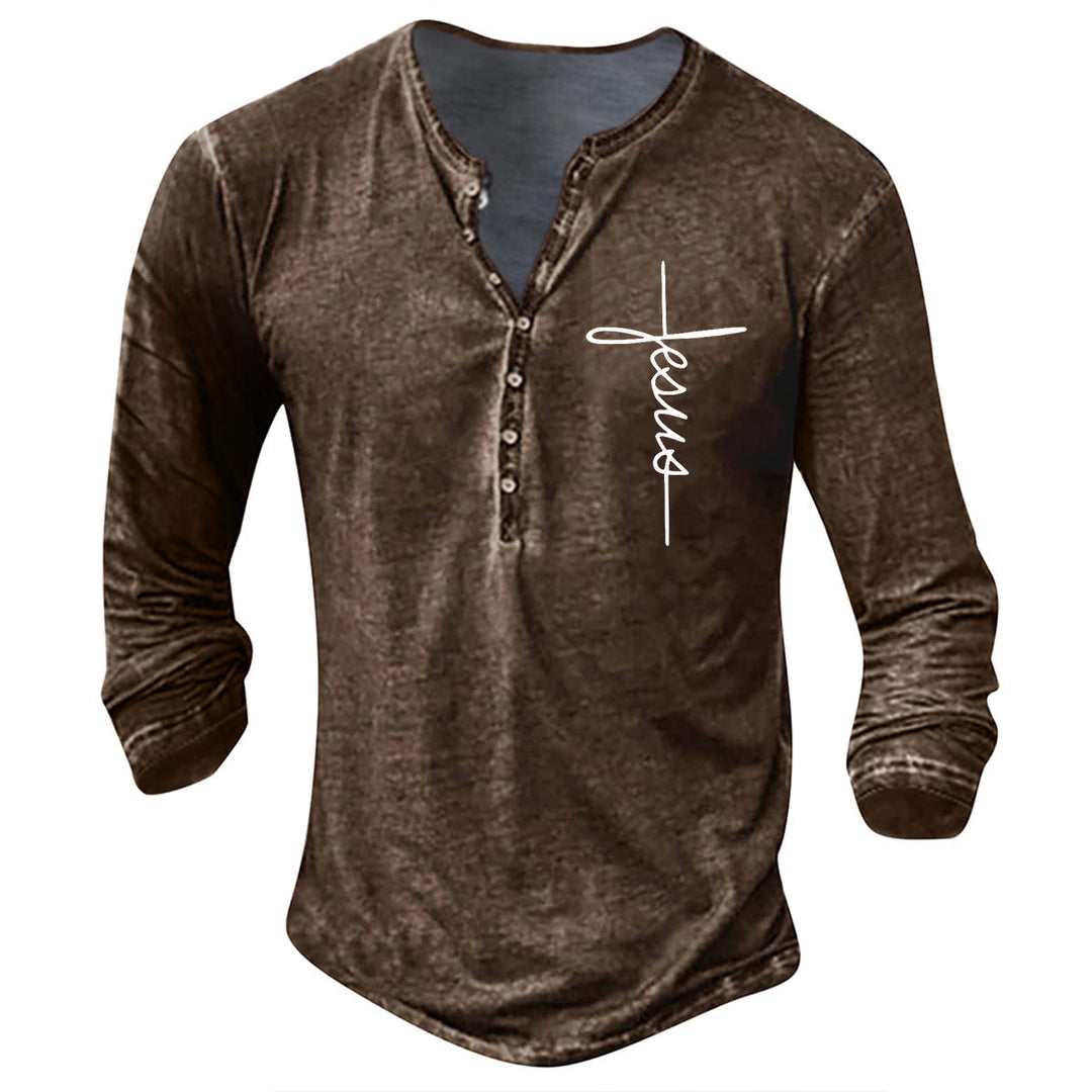 Herren Langarm Henley-Shirt mit kreativem Grafikdruck