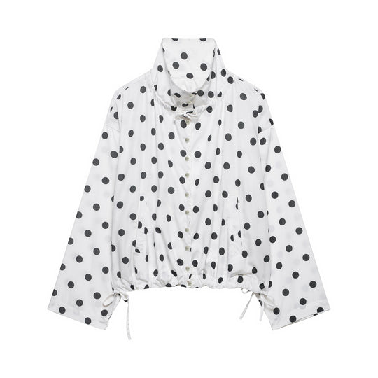 Damen Leichte Bluse im Polka‑Dot‑Design mit Stehkragen, Tunnelzugsaum und Knopfleiste Shop Nory