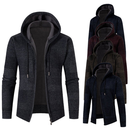 Herren Strick-Kapuzenjacke mit durchgehendem Reißverschluss, gefütterter Kapuze und strukturierter Patchwork-Optik Shop Nory