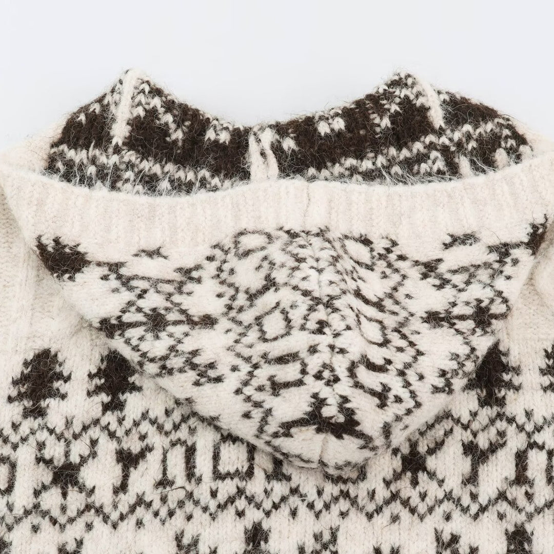 Damen Grobgestrickte Kapuzen‑Strickjacke mit Hornknöpfen und Norwegermuster Shop Nory