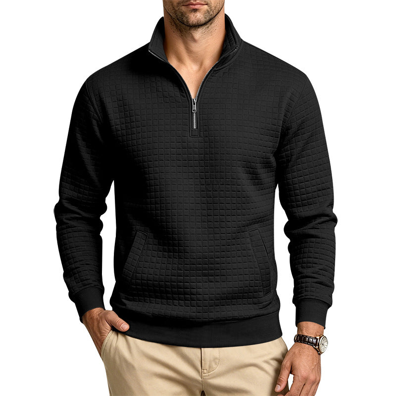Herren Strukturiertes Stehkragen-Halbzip-Sweatshirt mit Karomuster und Kängurutasche Shop Nory