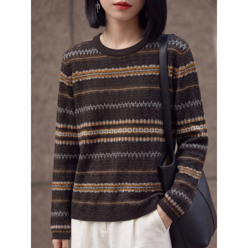 Damen Leichter Rundhals-Pullover im Norwegerstreifen-Design mit strukturierter Ajouroptik Shop Nory