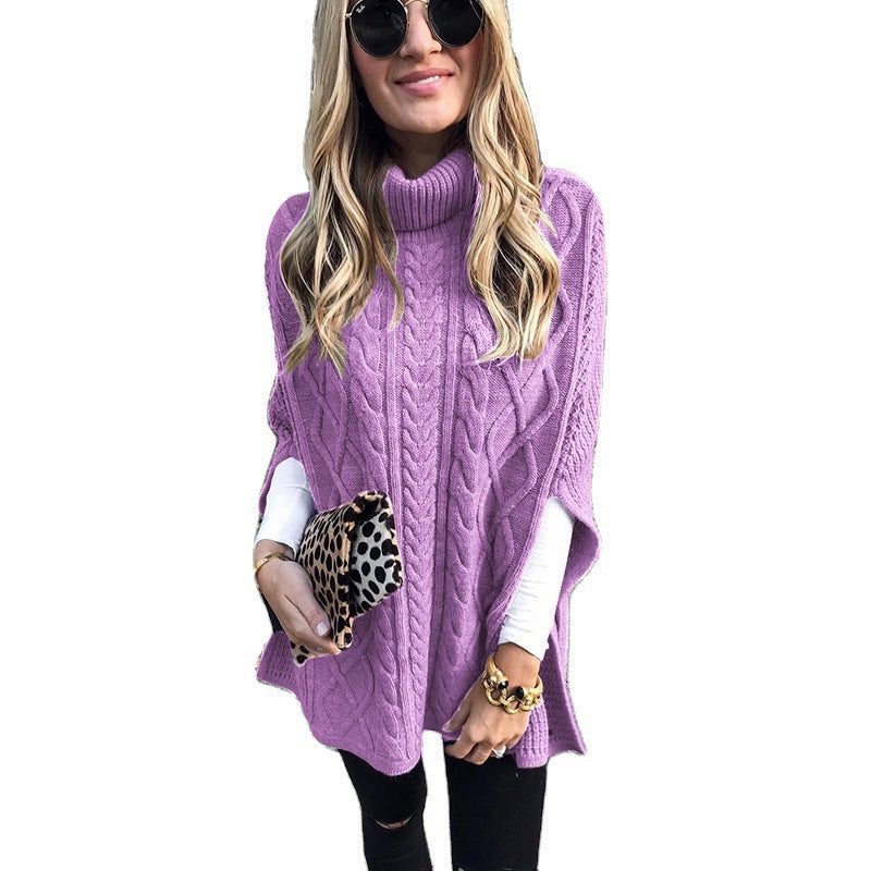 Damen nan kastiger Strickponcho mit hohem Rollkragen, Zopfstruktur und seitlichen Schlitzen Shop Nory
