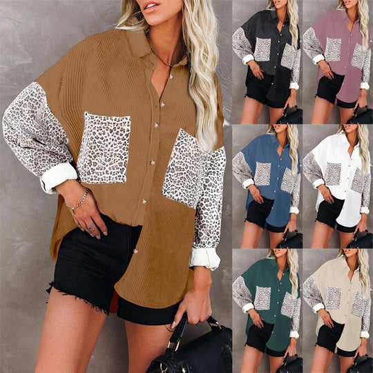 Damen Oversize-Cordhemd mit durchgehender Knopfleiste, Leo-Kontrastärmeln und aufgesetzten Taschen Shop Nory