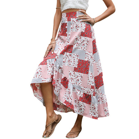 Damen Patchwork-Midirock mit Knopfleiste und asymmetrischem Volant Shop Nory