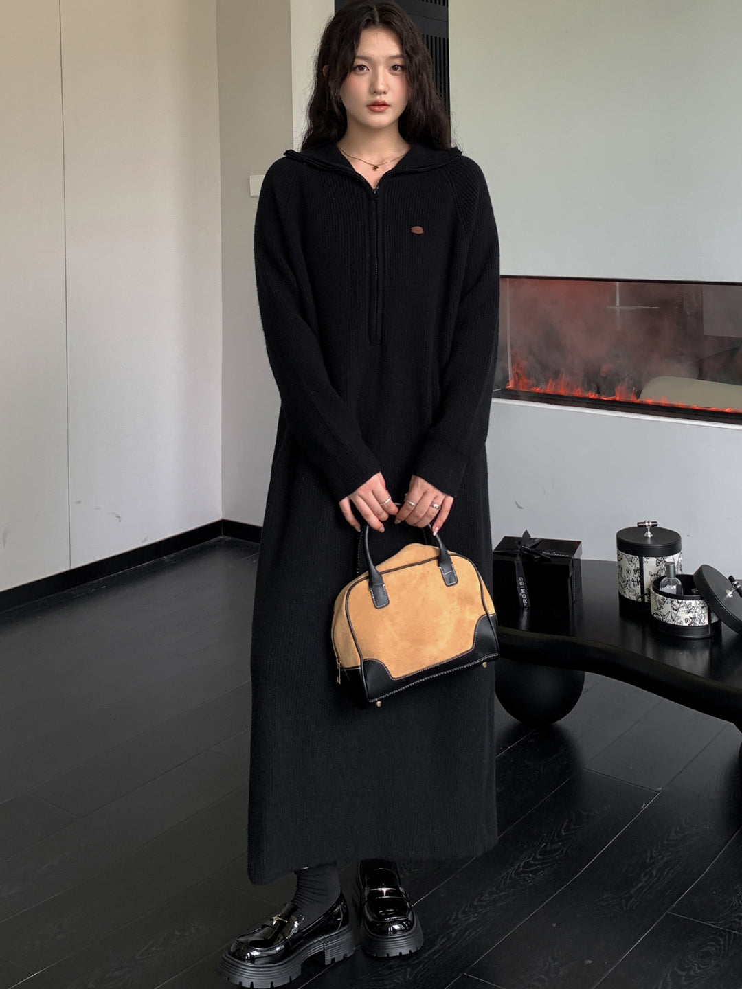 Damen Geripptes Kapuzen-Strickmaxikleid mit halbem Reißverschluss und weitem Fall Shop Nory