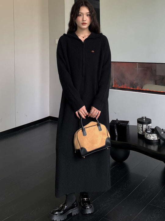 Damen Geripptes Kapuzen-Strickmaxikleid mit halbem Reißverschluss und weitem Fall Shop Nory