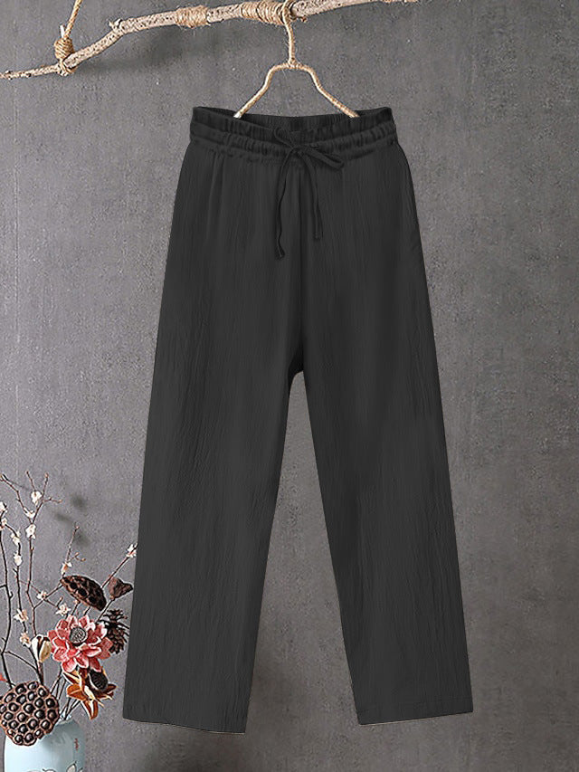 Damen Crinkle Leinenmischung Hose mit elastischem Kordelzug, gerade Beinform und lässiger Passform Shop Nory