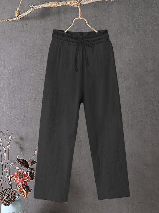 Damen Crinkle Leinenmischung Hose mit elastischem Kordelzug, gerade Beinform und lässiger Passform Shop Nory